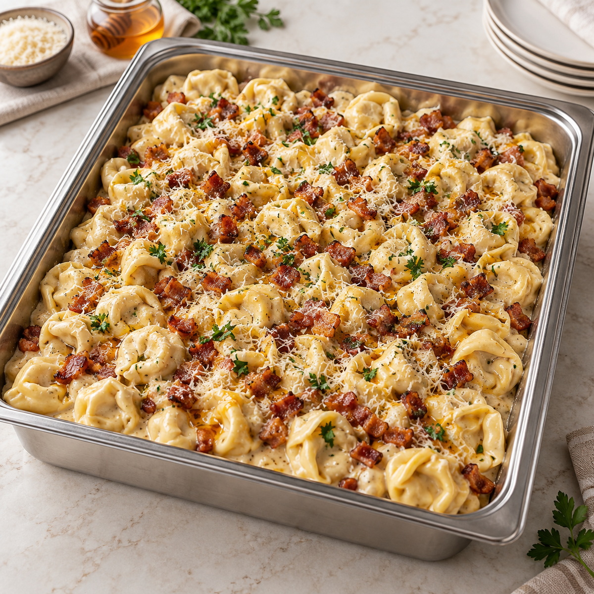 Creamy Tortellini with Pancetta and Hot Honey catering tray