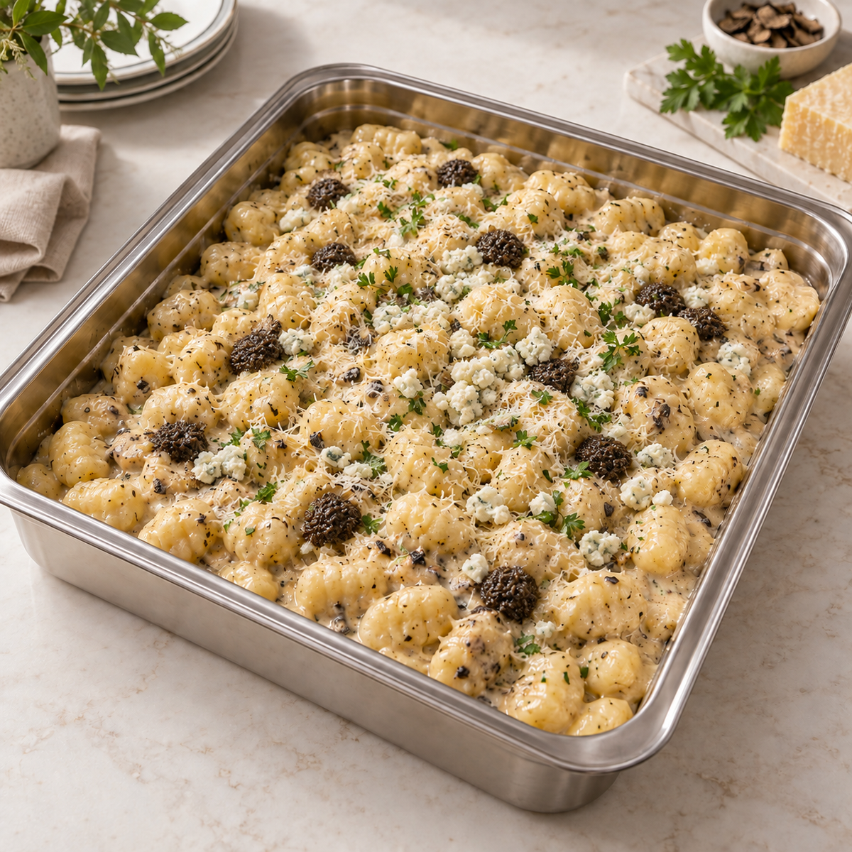 Gnocchi with truffle cream and Gorgonzola catering tray