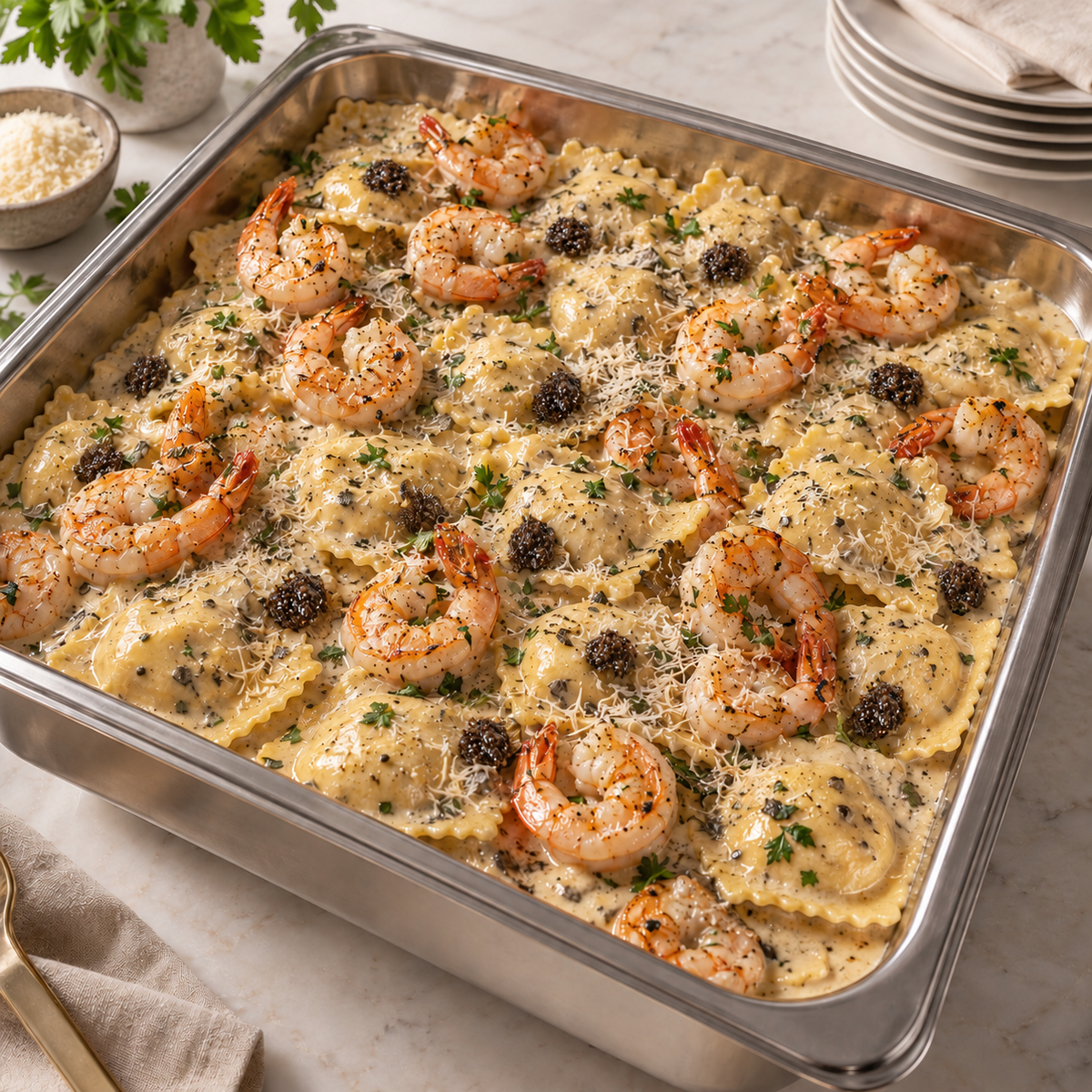 Cheese ravioli with truffle cream and shrimp catering tray