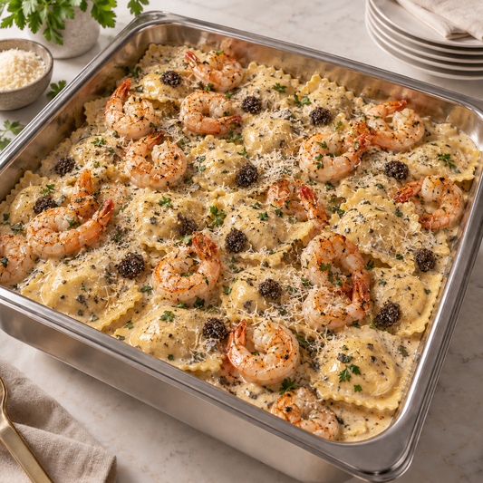 Cheese ravioli with truffle cream and shrimp catering tray