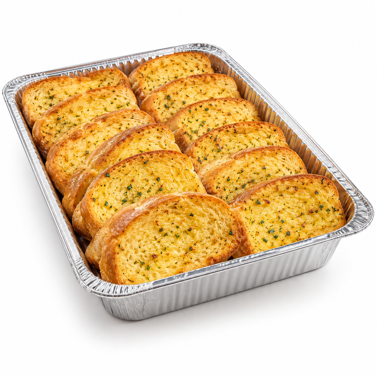 Full aluminum catering tray of golden garlic bread slices with garlic butter and herbs.