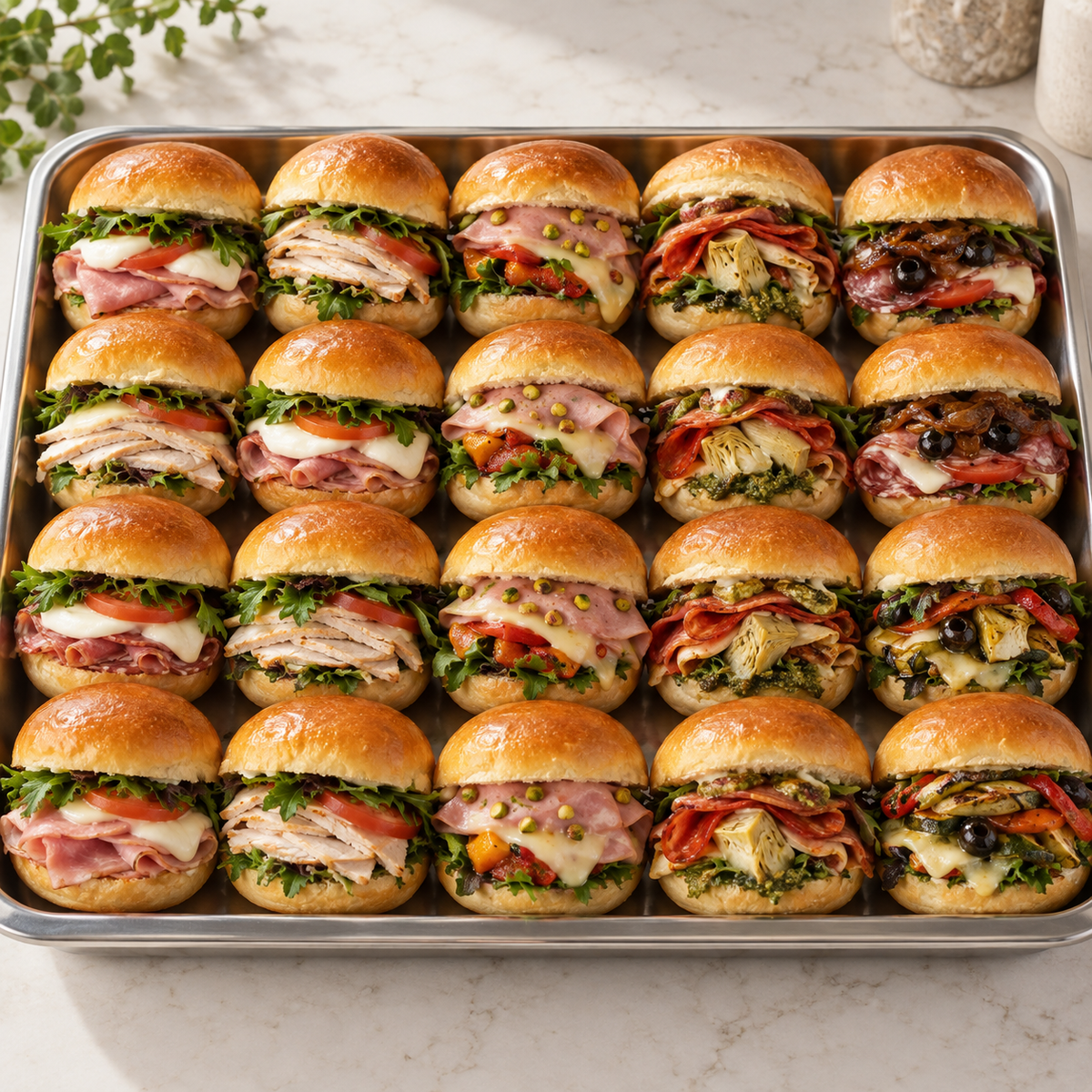 Assortment of 20 mini brioche paninis arranged on a catering tray