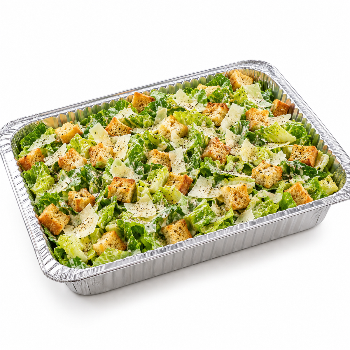 Illustrative full aluminum catering tray of Caesar salad with romaine, croutons and shaved Parmesan.
